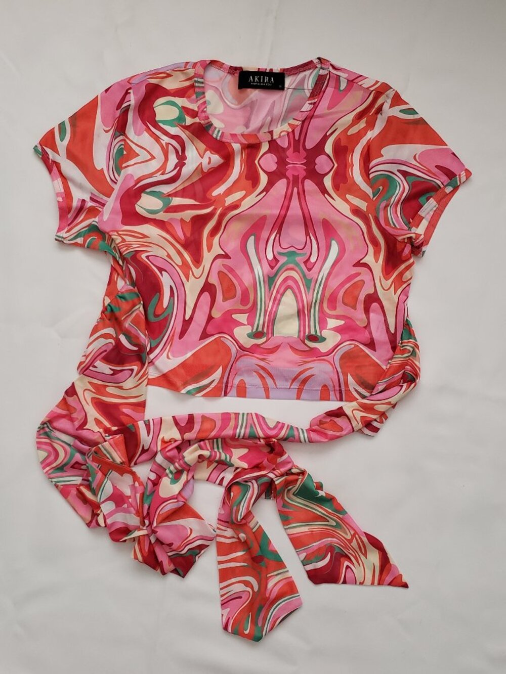 NWOT Akira size XL cropped mesh shirt long wrap tie hippie retro festival